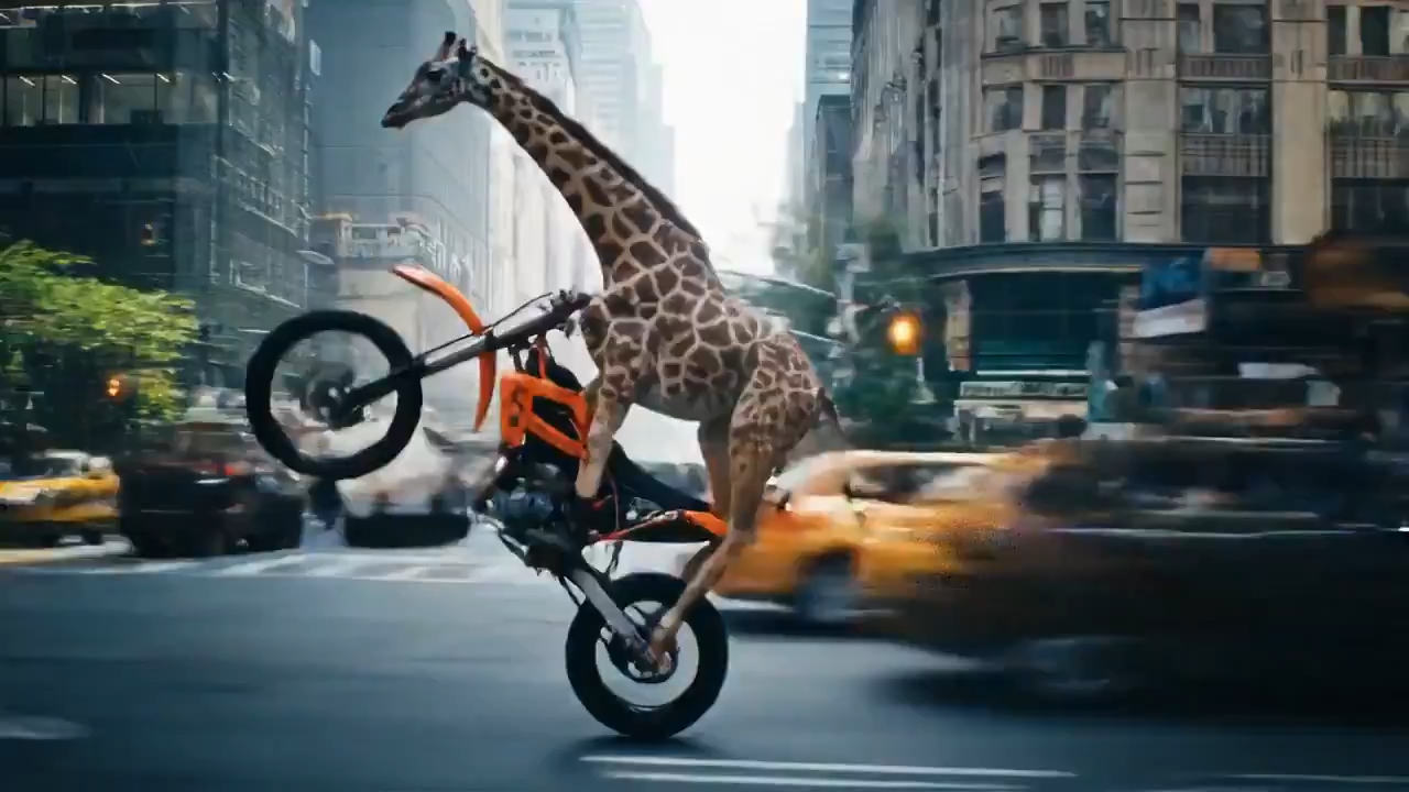 A giraffe pulls a wheelie on a dirt bike in the streets of NYC